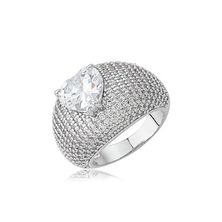 Anel de coração cravejado de zircônia cristal banho em ródio branco