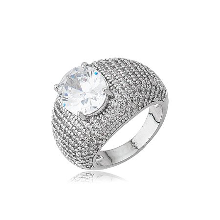 Anel cravejado de zircônia cristal banho em ródio branco