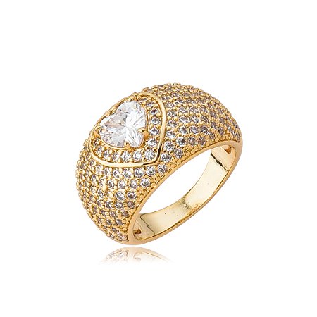 Anel de coração cravejado de zircônia cristal banho em ouro 18k