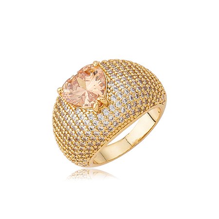 Anel de coração cravejado de zircônia citrino banho em ouro 18k