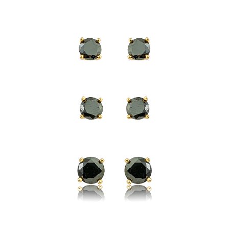 Brinco de trio cravejado de zircônia ônix banho em Ouro 18k