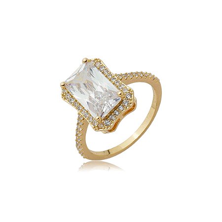 Anel Retangular com Zircônia Cristal Cravejada – Banho em Ouro 18K