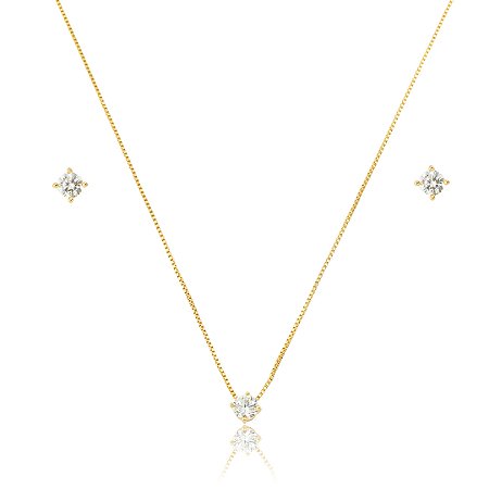 Conjunto Colar e Brinco Ponto de Luz com Zircônia Cristal – Banho em Ouro 18K