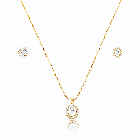 Conjunto Colar e Brinco Oval com Zircônia Cristal Cravejada – Banho em Ouro 18K