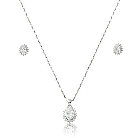 Conjunto Colar e Brinco Oval com Zircônia Cristal Cravejada – Banho em Ródio Branco