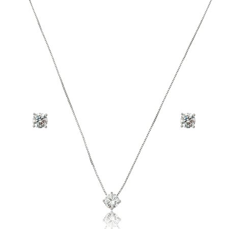 Conjunto Colar e Brinco Ponto de Luz com Zircônia Cristal – Banho em Ródio Branco