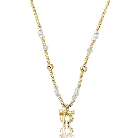 Colar com detalhe em Pérolas, Cristais e Pingente de Laço – Banho em Ouro 18K