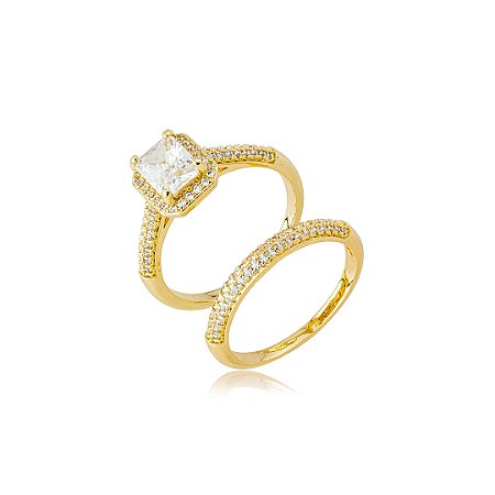 Anel Duplo com Zircônia Cristal Quadrada e Aro Cravejado – Banho em Ouro 18K