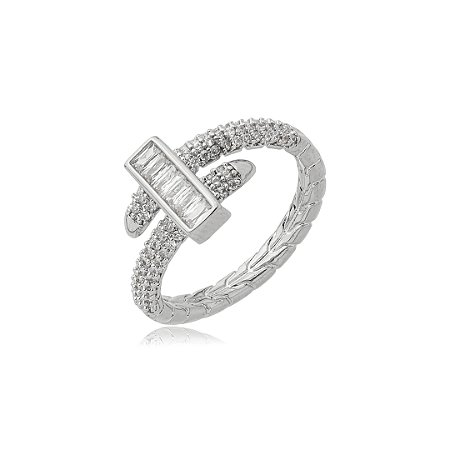Anel Cravejado com Zircônia Cristal e Baguete Banho em Ródio Branco