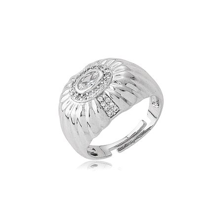 Anel com Zircônia Cristal Oval e Detalhes Cravejados – Banho em Rodio Branco