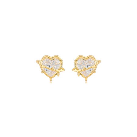 Brinco Coração com Zircônia Cristal e Detalhe de Flecha Banho em Ouro 18K