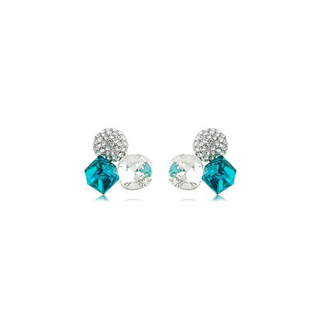 Brinco com Cristais Azul Turquesa e Cristal Banho em Ródio Branco