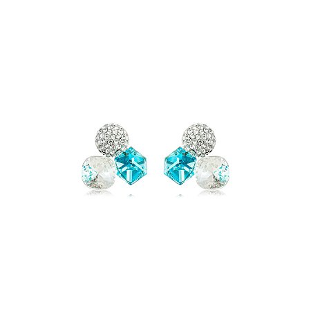 Brinco com Cristais Azul Acqua e Cristal Banho em Ródio Branco