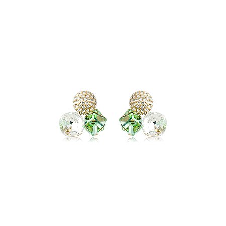 Brinco com Cristais Verde e Cristal Banho em Ouro 18K