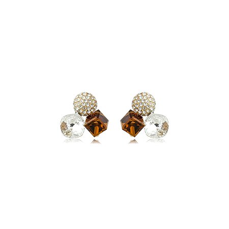 Brinco com Zircônias Cravejadas Cristais e Champagne Banho em Ouro 18K