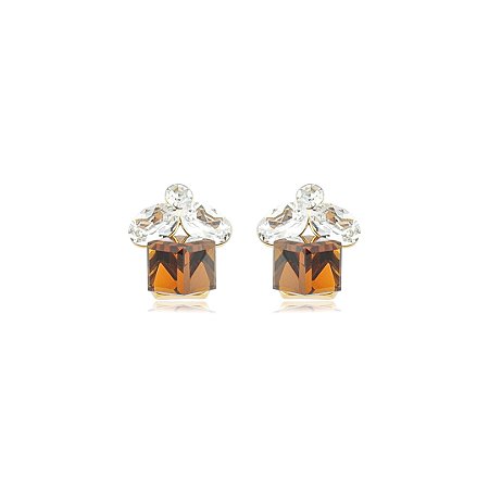 Brinco com Zirconias Champagne e Cristal Banho em Ouro 18K