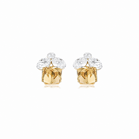 Brinco com Zirconias Cristais e Champagne Banho em Ouro 18K