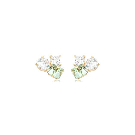 Brinco com Zircônias Cristais e Verde Banho em Ouro 18K