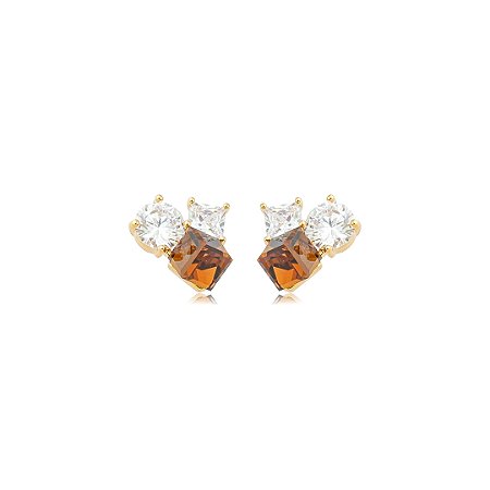 Brinco com Zircônias Cristais e Champagne Banho em Ouro 18K