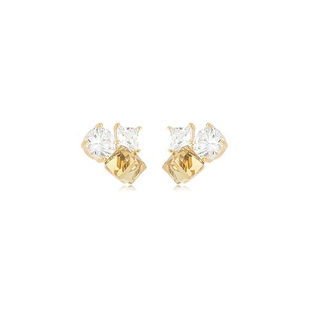 Brinco com Zircônias Cristais e Champagne Banho em Ouro 18K