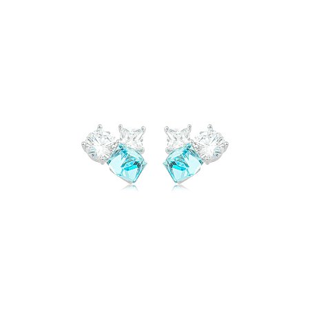 Brinco com Zircônias Cristais e Azul Turquesa Claro Banho em Ródio Branco