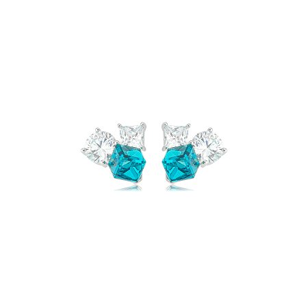 Brinco com Zircônias Cristais e Azul Turquesa Banho em Ródio Branco