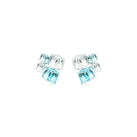 Brinco com Zircônias Cristais e Azul Turquesa Claro Banho em Ródio Branco