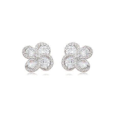 Brinco de Flor com Zircônias Cristais Banho em Ródio Branco