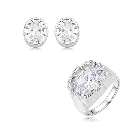 Conjunto de Brinco e Anel com Zircônia Cristal Banho em Ródio Branco