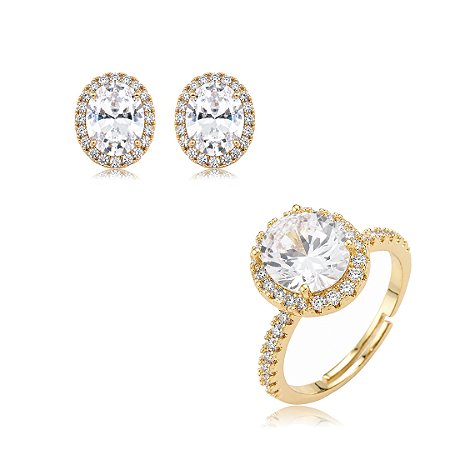 Conjunto de Brinco e Anel Cravejado com Zircônias Cristais Banho em Ouro 18K
