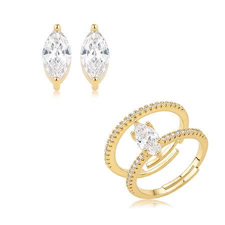 Conjunto de Brinco e Anel Navete com Zircônia Cristal Banho em Ouro 18K
