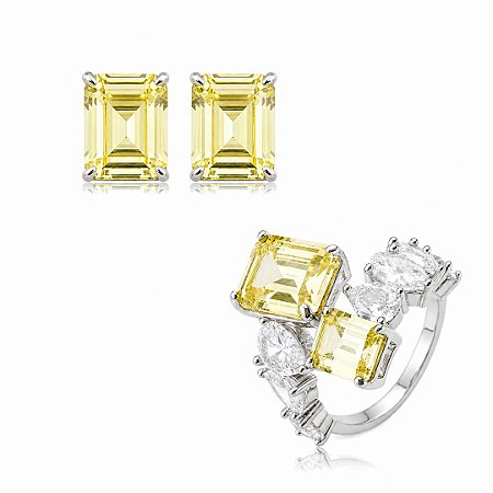 Conjunto de Brinco e Anel com Zircônias Amarelo e Cristais Banho em Ródio Branco