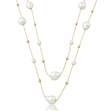 Colar longo dourado liso com pérola shell banho em ouro 18k