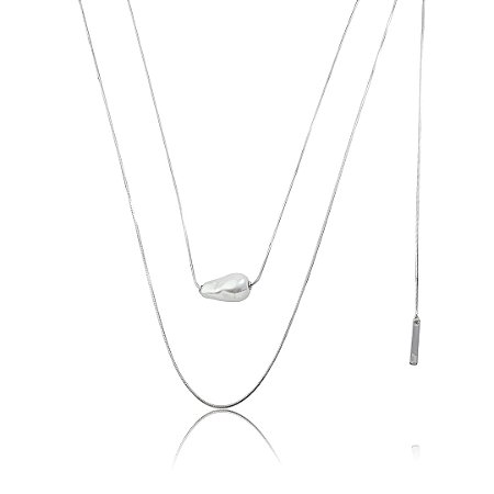 Colar longo liso com pingente de pérola shell banho em ródio branco