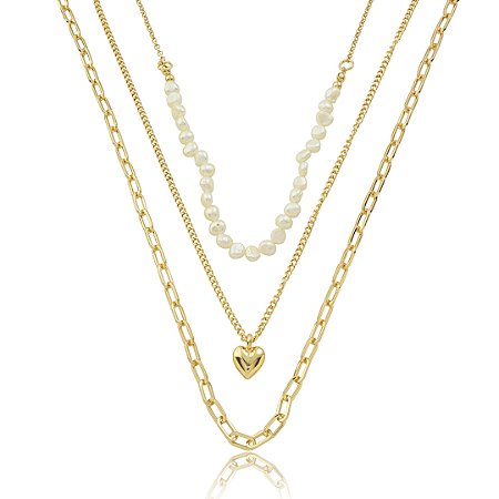 Colar de corrente liso dourado com pérola de água doce banho em ouro 18k