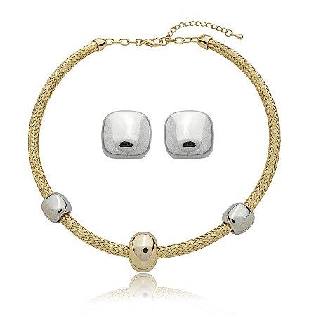 Conjunto de brinco e colar liso com banho duplo