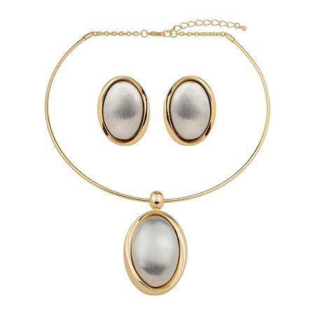 Conjunto de brinco e colar liso acetinado com banho duplo
