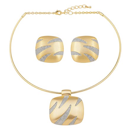 Conjunto de brinco e colar liso acetinado com banho duplo