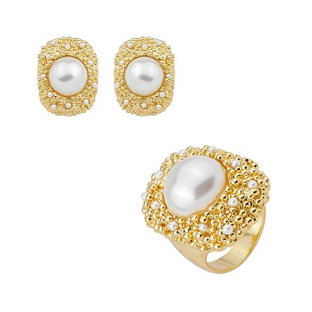 Conjunto de brinco e anel dourado com pérola shell banho em ouro 18k