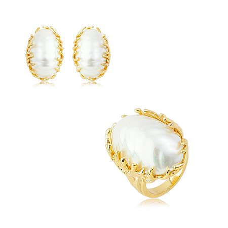 Conjunto de brinco e anel dourado com pérola shell banho em ouro 18k