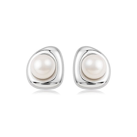 Brinco de base liso com pérola shell banho em ródio branco