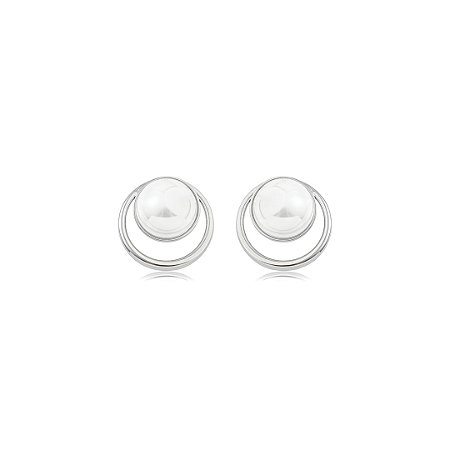 Brinco liso com pérola shell banho em ródio branco