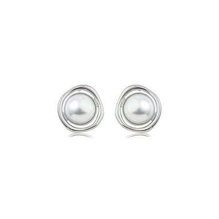 Brinco liso com pérola shell banho em ródio branco