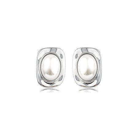 Brinco liso com pérola shell banho em ródio branco