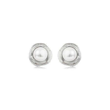 Brinco liso com pérola shell banho em ródio branco