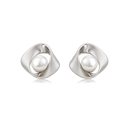 Brinco liso acetinado com pérola shell banho em ródio branco