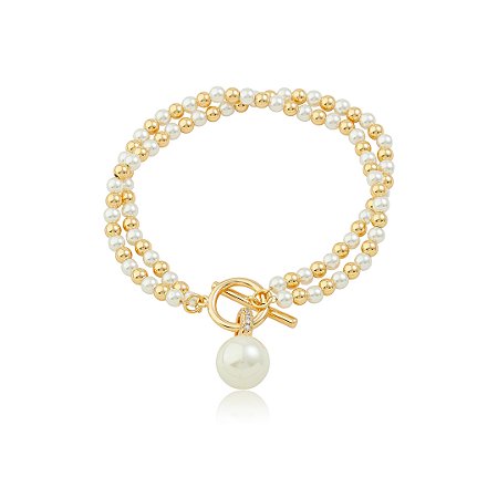 Pulseira dupla com pérola shell banho em ouro 18k
