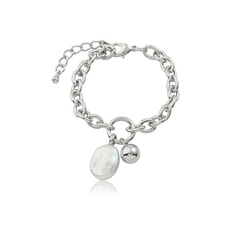 Pulseira de corrente com pérola de água doce banho em ródio branco