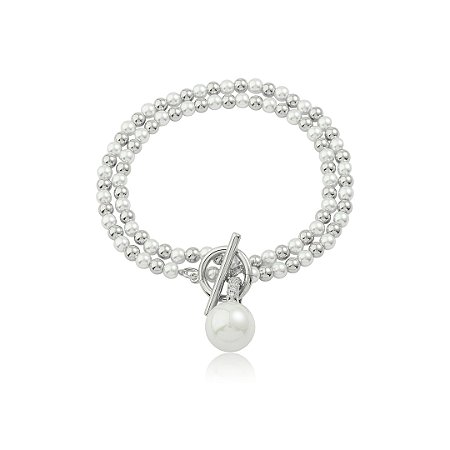 Pulseira dupla com pérola shell banho em ródio branco