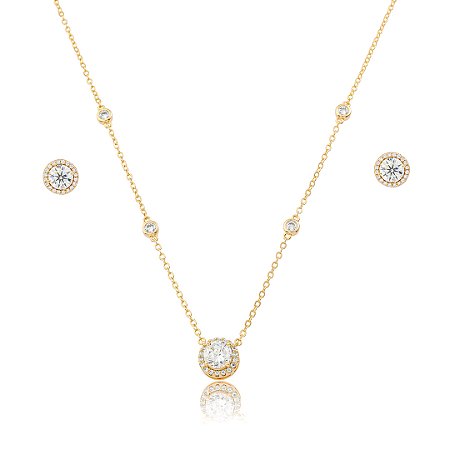 Conjunto de brinco e colar cravejado de zircônia cristal banho em ouro 18k